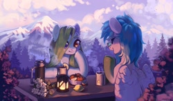 Size: 1280x753 | Tagged: safe, artist:myscherri, imported from derpibooru, oc, oc only, pegasus, pony, apple, duo, eyes closed, flower, food, forest, glasses, heterochromia, lantern, lemon, mountain, scenery, smiling, table, tea, thermos