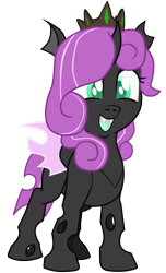 Size: 731x1200 | Tagged: safe, artist:aaronmk, imported from derpibooru, oc, oc:null, changeling, derpibooru community collaboration, 2022 community collab, changeling oc, crown, jewelry, purple changeling, regalia, simple background, smiling, transparent background, vector