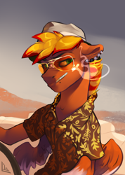 Size: 2480x3477 | Tagged: safe, artist:charlot, imported from derpibooru, oc, oc only, oc:blaze fury, pegasus, pony, abstract background, car, cigarette, clothes, driving, ear fluff, ear piercing, eyebrows, eyelashes, fear and loathing in las vegas, floppy ears, freckles, glasses, hat, high res, hunter s. thompson, lidded eyes, looking at you, looking sideways, male, movie reference, piercing, raoul duke, ray-ban shooter, shirt, smoking, solo, spread wings, stallion, wings