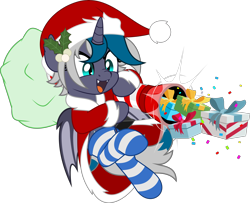 Size: 6162x5000 | Tagged: safe, artist:jhayarr23, imported from derpibooru, oc, oc only, oc:elizabat stormfeather, alicorn, bat pony, bat pony alicorn, pony, alicorn oc, bag, bat pony oc, bat wings, box, cannon, christmas, clothes, coat, commission, confetti, costume, fangs, female, hat, holiday, horn, mare, mistleholly, nose wrinkle, open mouth, present, santa costume, santa hat, simple background, socks, solo, striped socks, transparent background, wings, ych result