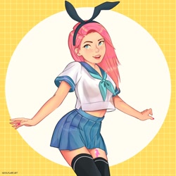 Size: 2180x2180 | Tagged: safe, artist:noah-x3, imported from derpibooru, oc, oc only, oc:neon flare, human, bunny ears, clothes, cutie mark, female, happy, headband, high res, humanized, humanized oc, midriff, necktie, pleated skirt, school uniform, skirt, smiling, socks, solo, tattoo, thigh highs, thighs