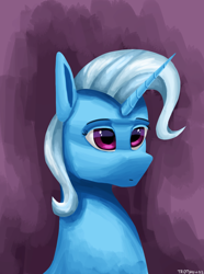 Size: 1000x1346 | Tagged: safe, artist:vezja, imported from derpibooru, trixie, pony, unicorn, bust, female, horn, mare, portrait, simple background, solo