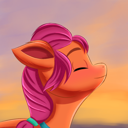Size: 2100x2100 | Tagged: safe, artist:pipp_petal, imported from derpibooru, sunny starscout, earth pony, pony, eyes closed, g5, high res, my little pony: a new generation, smiling, solo, sunset