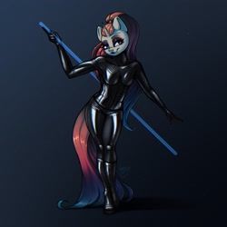 Size: 2048x2048 | Tagged: safe, artist:amishy, imported from derpibooru, oc, oc only, anthro, plantigrade anthro, unicorn, anthro oc, bodysuit, clothes, eyeshadow, female, high res, horn, latex, latex suit, lidded eyes, looking at you, makeup, oc name needed, smiling, smiling at you, solo, unicorn oc