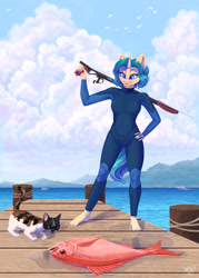 Size: 2048x2860 | Tagged: safe, artist:amishy, imported from derpibooru, oc, oc only, oc:depth chaser, anthro, cat, fish, plantigrade anthro, unicorn, barefoot, bodysuit, clothes, feet, harpoon gun, high res, pier, solo, wet, wetsuit