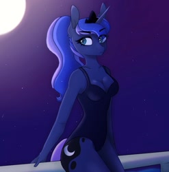 Size: 1334x1350 | Tagged: safe, artist:_alixxie_, imported from derpibooru, princess luna, anthro, breasts, cleavage, clothes, eye clipping through hair, eyebrows, eyebrows visible through hair, female, frown, horn, moon, night, one-piece swimsuit, ponytail, solo, stars, swimsuit, wingless, wingless anthro