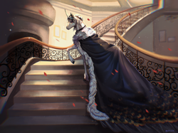 Size: 2813x2100 | Tagged: safe, artist:tupipi, imported from derpibooru, oc, oc:chloe white, pony, unicorn, clothes, high res, hoers, petals, realistic, robe, royalty, stairs, technical advanced