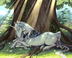 Size: 3056x2447 | Tagged: safe, artist:tupipi, imported from derpibooru, oc, oc only, oc:chloe white, horse, unicorn, clothes, crepuscular rays, grass, high res, hoers, lying down, realistic, solo, technical advanced, tree, unshorn fetlocks