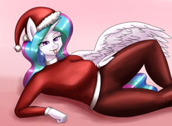 Size: 1900x1400 | Tagged: safe, artist:zachc, imported from derpibooru, princess celestia, alicorn, anthro, breasts, busty princess celestia, christmas, clothes, draw me like one of your french girls, female, hat, holiday, long sleeved shirt, long sleeves, pants, santa hat, shirt, solo, tongue out
