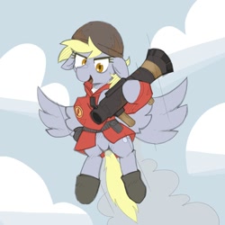 Size: 2000x2000 | Tagged: safe, artist:rellopone, imported from derpibooru, derpy hooves, pegasus, pony, /mlp/ tf2 general, boots, clothes, cloud, crossover, derpy soldier, floppy ears, flying, helmet, high res, looking at you, rocket launcher, shoes, smiling, soldier, team fortress 2, uniform