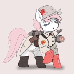 Size: 1355x1356 | Tagged: safe, artist:rellopone, imported from derpibooru, nurse redheart, pony, /mlp/ tf2 general, boots, clothes, crossover, earth, eyes closed, gloves, medic, medigun, shoes, smiling, solo, team fortress 2, uniform