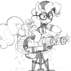 Size: 2000x2000 | Tagged: safe, artist:rellopone, imported from derpibooru, pinkie pie, earth pony, pony, /mlp/ tf2 general, crossover, engie pie, engineer, goggles, grin, high res, sentry gun, sketch, smiling, solo, team fortress 2
