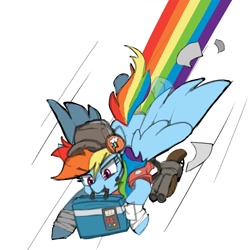 Size: 2000x2000 | Tagged: safe, artist:rellopone, imported from derpibooru, rainbow dash, pegasus, pony, /mlp/ tf2 general, arm wraps, cap, crossover, flying, gun, hat, headset, high res, intelligence, mouth hold, rainbow scout, rainbow trail, scattergun, scout, solo, suitcase, team fortress 2