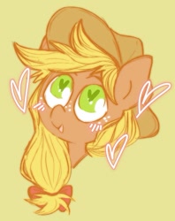 Size: 657x829 | Tagged: safe, artist:lamianxious, imported from derpibooru, applejack, pony, blushing, bust, cute, female, green background, heart, heart eyes, jackabetes, mare, portrait, simple background, solo, wingding eyes