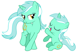 Size: 1280x854 | Tagged: safe, artist:artpwny, artist:media1997, artist:vaderpl, imported from derpibooru, lyra heartstrings, pony, unicorn, bedroom eyes, crossed hooves, cute, duality, duo, eyes closed, female, filly, filly lyra, lyrabetes, mare, open mouth, simple background, smiling, time paradox, transparent background, vector, younger