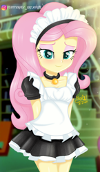 Size: 538x929 | Tagged: safe, artist:fluttershy_art.nurul, imported from derpibooru, fluttershy, equestria girls, beautiful, choker, clothes, cute, dress, eyeshadow, fluttermaid, jewelry, lace, legs together, library, maid, maid headdress, makeup, necklace, shyabetes, skirt, solo, unf