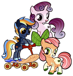 Size: 1730x1805 | Tagged: safe, artist:eonionic, imported from derpibooru, apple bloom, scootaloo, sweetie belle, pony, alternate design, cutie mark crusaders, scooter, simple background, transparent background