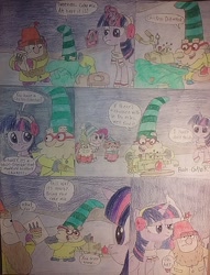 Size: 960x1256 | Tagged: safe, artist:jebens1, imported from derpibooru, pinkie pie, twilight sparkle, alicorn, dwarf, pony, clothes, comic, confused, earmuffs, metal detector, scarf, smiling, the 7d, traditional art, twilight sparkle (alicorn), unamused