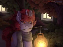 Size: 1575x1180 | Tagged: safe, artist:kikirdcz, imported from derpibooru, oc, oc:stroopwafeltje, pony, unicorn, clothes, lantern, mouth hold, scarf, solo