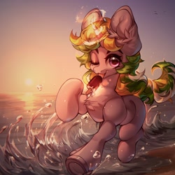 Size: 2048x2048 | Tagged: safe, artist:minekoo2, imported from derpibooru, oc, oc only, pony, unicorn, beach, commission, digital art, female, food, glowing, glowing horn, high res, horn, ice cream, licking, looking at you, magic, mare, ocean, one eye closed, running, sky, solo, sunset, tail, tongue out