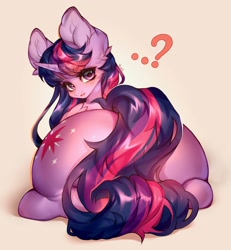 Size: 1892x2048 | Tagged: safe, artist:minekoo2, imported from derpibooru, twilight sparkle, alicorn, pony, butt, digital art, female, horn, looking at you, looking back, looking back at you, lying, mare, plot, ponyloaf, prone, question mark, rear view, simple background, solo, tail, twibutt, twilight has a big ass, twilight sparkle (alicorn), wings