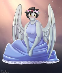 Size: 1724x2048 | Tagged: safe, artist:unfinishedheckery, imported from derpibooru, oc, oc only, anthro, pegasus, breasts, clothes, commission, digital art, dress, female, simple background, solo, spread wings, tail, thighs, wings