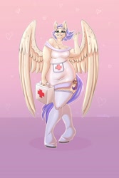 Size: 1400x2100 | Tagged: safe, artist:unfinishedheckery, imported from derpibooru, oc, oc only, anthro, pegasus, unguligrade anthro, breasts, clothes, commission, digital art, female, looking at you, nurse, nurse outfit, simple background, solo, spread wings, stockings, tail, thigh highs, thighs, wings