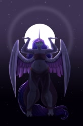 Size: 1340x2048 | Tagged: safe, artist:unfinishedheckery, imported from derpibooru, princess luna, alicorn, anthro, digitigrade anthro, belly button, breasts, busty princess luna, clothes, digital art, female, horn, loincloth, looking at you, simple background, solo, spread wings, tail, tanktop, thighs, toes, wings