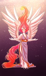 Size: 1374x2275 | Tagged: safe, artist:unfinishedheckery, imported from derpibooru, princess celestia, alicorn, anthro, digitigrade anthro, belly button, breasts, busty princess celestia, clothes, digital art, dress, eyes closed, eyeshadow, female, horn, leg fluff, long eyelashes, makeup, pink-mane celestia, shoulder fluff, side slit, simple background, solo, spread wings, tail, thighs, toes, wings