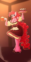 Size: 1050x2100 | Tagged: safe, artist:unfinishedheckery, imported from derpibooru, pinkie pie, anthro, earth pony, unguligrade anthro, alcohol, bar maid, barmaid, beer, breasts, busty pinkie pie, cake, cleavage, clothes, digital art, dress, female, food, looking at you, oktoberfest, open mouth, open smile, simple background, smiling, solo, tail, thighs, unshorn fetlocks