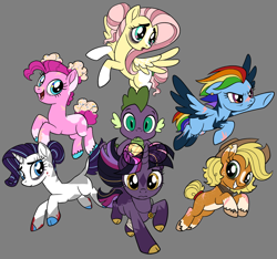 Size: 1024x957 | Tagged: safe, artist:tezzbot, imported from derpibooru, applejack, fluttershy, pinkie pie, rainbow dash, rarity, spike, twilight sparkle, dragon, earth pony, pegasus, pony, unicorn, alternate design, alternate hairstyle, applejack's hat, blood, cloven hooves, coat markings, colored hooves, cowboy hat, ear piercing, earring, facial markings, female, glasses, glasses on head, gray background, hair bun, hat, jewelry, leonine tail, male, mane seven, mane six, mare, necklace, piercing, scar, simple background, socks (coat markings), star (coat marking), tail, tail bun, unicorn twilight, unshorn fetlocks, worried