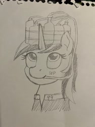 Size: 3024x4032 | Tagged: safe, artist:mkogwheel, imported from derpibooru, oc, oc:blackjack, fallout equestria, fallout equestria: project horizons, alcohol, fanfic art, head only, pencil drawing, traditional art, whiskey