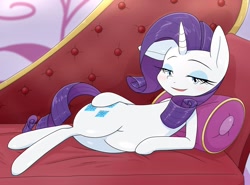 Size: 2117x1567 | Tagged: safe, artist:batipin, imported from derpibooru, rarity, pony, unicorn, blushing, draw me like one of your french girls, fainting couch, female, lidded eyes, looking at you, mare, open mouth, pillow, remake, solo