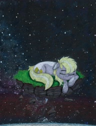 Size: 3153x4096 | Tagged: safe, artist:myzanil, imported from derpibooru, oc, oc only, oc:light charm, earth pony, pony, colored pencil drawing, cute, eyes closed, floating island, floppy ears, grass, lying down, peaceful, rock, sleeping, smiling, solo, space, stars, traditional art