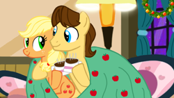 Size: 1280x720 | Tagged: safe, artist:mlplary6, imported from derpibooru, applejack, caramel, earth pony, pony, carajack, chocolate, christmas, duo, female, food, holiday, hot chocolate, looking at each other, looking at someone, male, mare, shipping, smiling, smiling at each other, stallion, straight