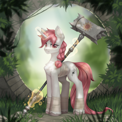 Size: 2000x2000 | Tagged: safe, artist:inowiseei, imported from derpibooru, oc, oc only, oc:stellar vision, pony, unicorn, chest fluff, commission, ear fluff, female, grass, hammer, high res, lidded eyes, looking at you, magic, mare, solo, telekinesis, war hammer, weapon