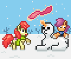 Size: 480x400 | Tagged: safe, artist:nitobit, imported from derpibooru, apple bloom, scootaloo, earth pony, pegasus, apple bloom's bow, bow, carrot, clothes, female, filly, food, hair bow, levitation, magic, pixel art, scarf, snow, snowman, snowpony, telekinesis