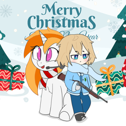 Size: 2894x2894 | Tagged: safe, artist:ramsfel, imported from derpibooru, oc, oc only, oc:diana melody, oc:fears, human, pony, unicorn, christmas, clothes, duo, gun, high res, holiday, human and pony, jacket, merry christmas, present, scarf, snow, weapon