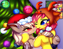 Size: 4520x3520 | Tagged: safe, artist:2pandita, imported from derpibooru, oc, oc only, oc:miziky otonashy, oc:schwin, bat pony, pegasus, pony, christmas, christmas tree, hat, holiday, santa hat, tree