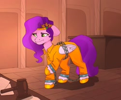 Size: 1982x1640 | Tagged: safe, artist:shooshaa, imported from derpibooru, pipp petals, pegasus, pony, bound, bound wings, chains, clothes, courtroom, cuffs, g5, my little pony: a new generation, prison outfit, prisoner, sad, shackles, wings