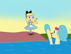 Size: 2048x1536 | Tagged: safe, artist:seacommishes, imported from derpibooru, princess skystar, my little pony: the movie, alice in wonderland, coast, crossover, katie, ocean, phineas and ferb