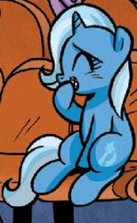 Size: 346x560 | Tagged: safe, edit, idw, imported from derpibooru, trixie, pony, unicorn, spoiler:comic40, cropped, cute, diatrixes, female, filly, filly trixie, sitting, snickering, solo, younger