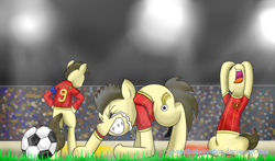 Size: 1200x704 | Tagged: safe, artist:phuocthiencreation, imported from derpibooru, earth pony, pony, 2014, bipedal, clothes, crying, eyes closed, football, gritted teeth, head in hooves, nose in the air, open mouth, ponified, sad, sports, stadium, tail, vietnam