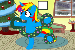 Size: 1091x725 | Tagged: safe, artist:shield-wing1996, imported from derpibooru, oc, oc:royal strength, alicorn, pony, bipedal, christmas, christmas tree, female, holiday, multicolored mane, solo, standing, standing on one leg, tree