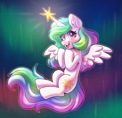 Size: 2552x2480 | Tagged: safe, artist:dandy, imported from derpibooru, princess celestia, alicorn, pony, aurora borealis, blushing, christmas star, cute, cutelestia, ear fluff, female, high res, horn, looking at you, open mouth, solo, starry eyes, stars, wingding eyes, wings