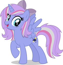 Size: 1926x1999 | Tagged: safe, artist:thatusualguy06, derpibooru exclusive, imported from derpibooru, oc, oc only, oc:starcollider, alicorn, pony, derpibooru community collaboration, .svg available, 2022 community collab, bow, female, hair bow, mare, raised hoof, simple background, smiling, solo, svg, transparent background, vector