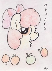 Size: 434x585 | Tagged: safe, artist:slightlyshade, imported from derpibooru, apple bloom, earth pony, pony, apple, bust, female, filly, food, portrait, solo