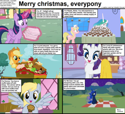 Size: 1282x1162 | Tagged: safe, artist:forgalorga, edit, edited screencap, imported from derpibooru, screencap, applejack, derpy hooves, princess celestia, princess luna, rarity, twilight sparkle, oc, alicorn, earth pony, pegasus, pony, unicorn, comic:celestia's servant interview, double rainboom, testing testing 1-2-3, the ticket master, apple, applejack's hat, baked goods, basket, cake, caption, carousel boutique, cart, cowboy hat, cs captions, cute, derpabetes, earth pony oc, female, flash cards, food, glowing, glowing horn, hat, horn, jackabetes, levitation, magic, magic aura, malapropism, mare, muffin, open mouth, picnic basket, picnic blanket, pie, raribetes, spread wings, telekinesis, text, twiabetes, twilight sparkle (alicorn), two retired princesses, underp, unnamed character, unnamed pony, wings