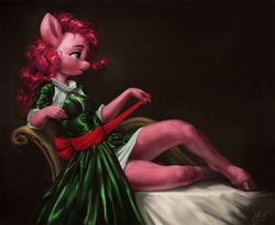 Size: 1080x884 | Tagged: safe, artist:assasinmonkey, imported from derpibooru, pinkie pie, anthro, earth pony, unguligrade anthro, breasts, christmas, clothes, female, holiday, hooves, legs, solo