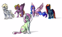 Size: 2560x1550 | Tagged: safe, artist:mylittlegodzilla, imported from derpibooru, oc, oc only, oc:beatrice creux, oc:gray bird, oc:minty horn, oc:rain drop, oc:redglobe, earth pony, pegasus, pony, unicorn, simple background, white background